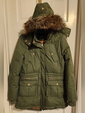 Sam Edelman Down Olive Green and Orange Jacket With Faux Fur Hood, Size M